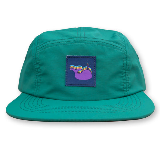 Humpback Whale Five Panel Camp Hat / Teal Nylon with Purple Humpback Whale Patch