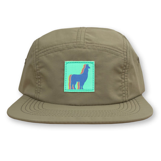 Llama Five Panel Camp Hat / Biscuit Nylon with Turquoise Mountain Llama Patch