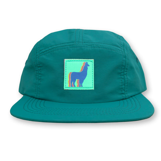 Llama Five Panel Camp Hat / Teal Nylon with Turquoise Mountain Llama Patch